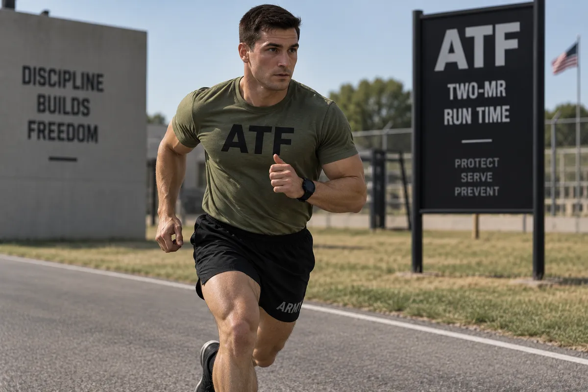 Soldier running on a paved outdoor course past a two-mile run sign.