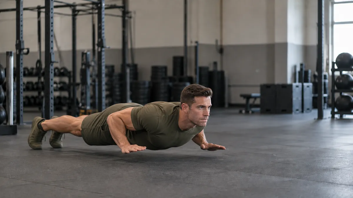 Soldier at the bottom of a hand-release push-up, chest on the gym floor with both arms extended out to the sides.