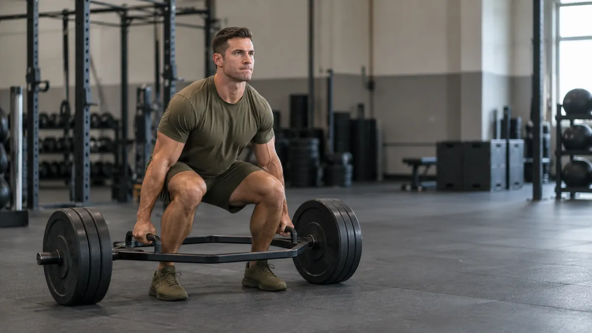 Soldier in the set position of a hex-bar deadlift in a gym, hands on the handles and back flat, about to pull.