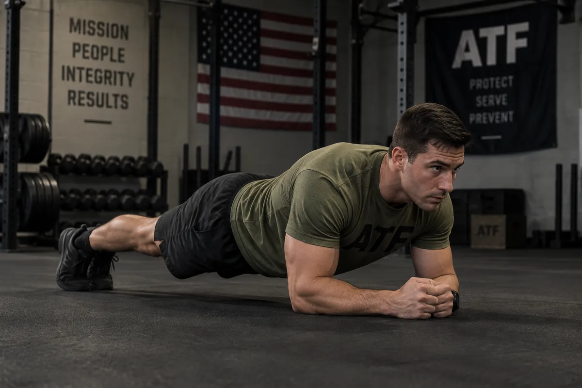 Soldier holding a forearm plank in a straight line from head to heels on a gym floor.