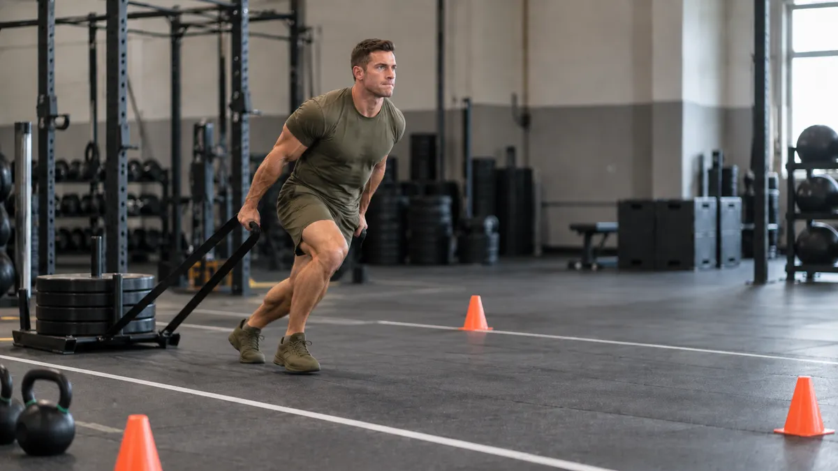 Soldier dragging a weighted sled backward by its strap along a cone-marked lane on a gym floor.